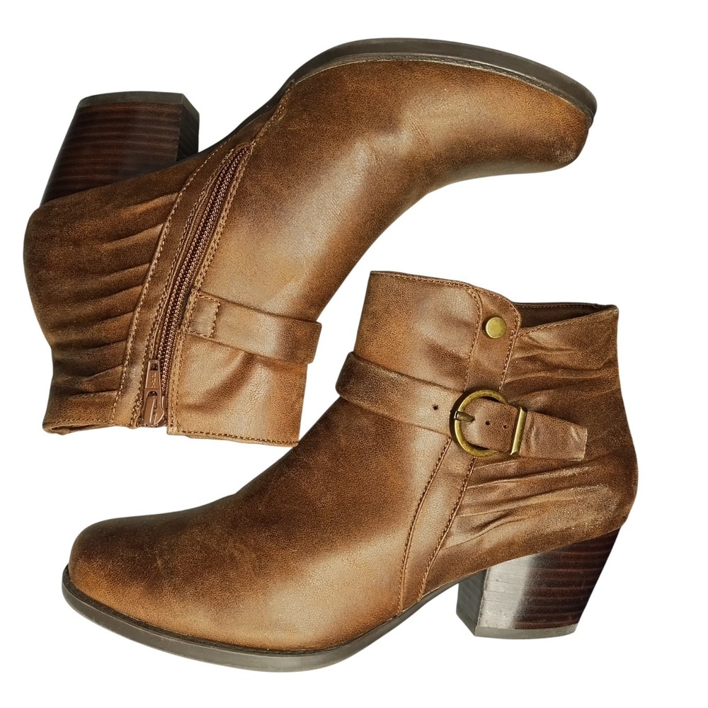 Baretraps Rudelle Ankle Boots Womens 9.5M Brown Round Toe Buckle Strap Side Zip